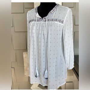 Caffe Marrahesh top shirt white blue 3/4 sleeve smock babydoll Size L
